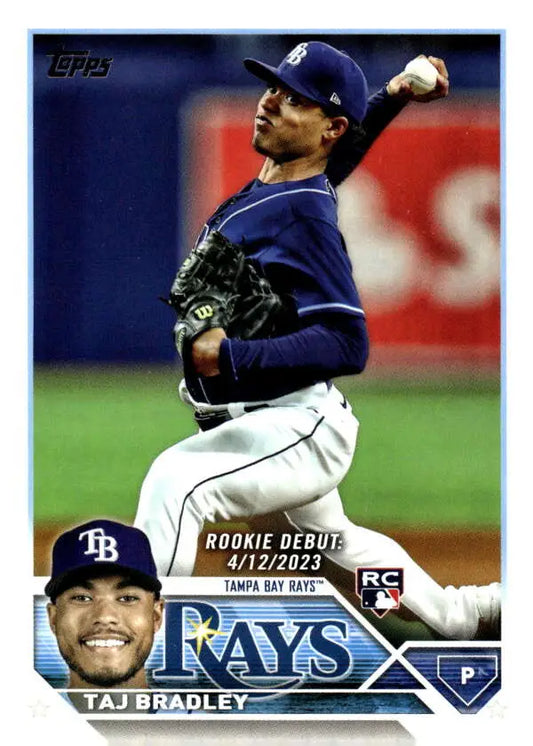 Tampa Bay Rays Taj Bradley baseball card mid-throwing motion from 2023 Topps Update Series