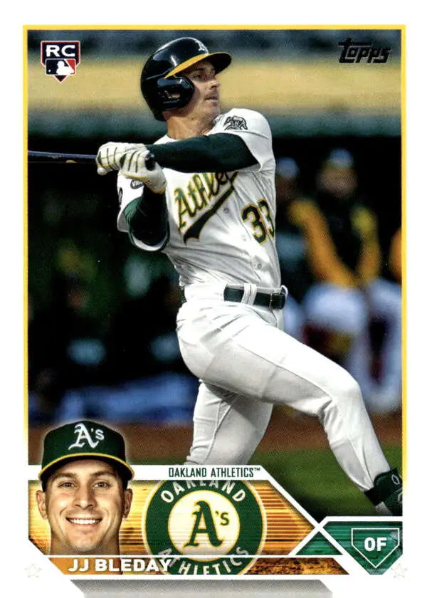 Baseball card of JJ Bleday swinging bat in white uniform, Topps Update Series Oakland Athletics