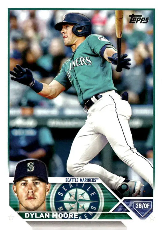 Dylan Moore swinging bat on 2023 Topps Seattle Mariners baseball card in teal jersey