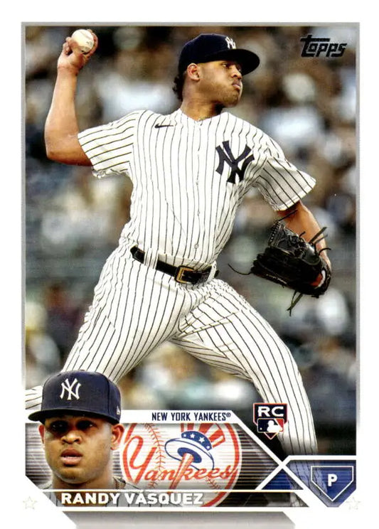 Randy Vasquez baseball card featuring New York Yankees pitcher in pinstripes mid-throw