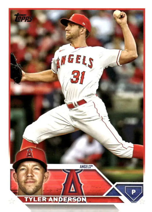 Baseball player Tyler Anderson in Los Angeles Angels uniform mid-pitch on baseball card