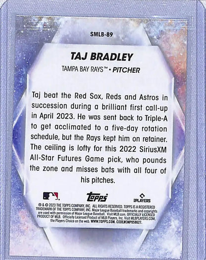 Baseball card of Taj Bradley featuring stats from 2023 Topps Update Stars rookie card