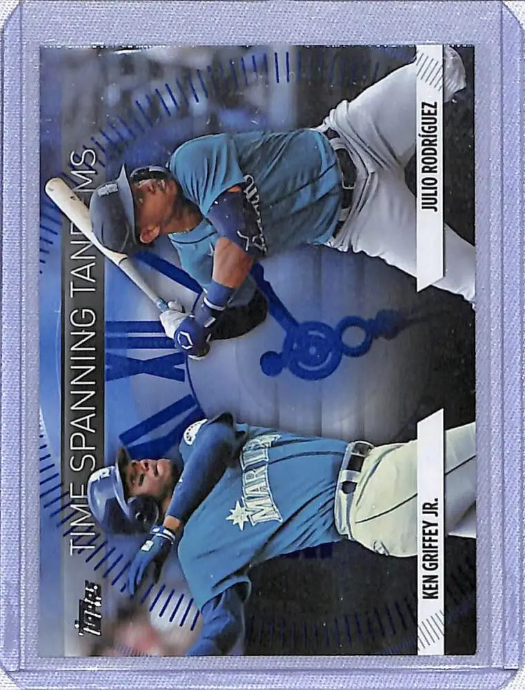 Baseball trading card featuring Ken Griffey Jr. and Julio Rodriguez in blue uniforms