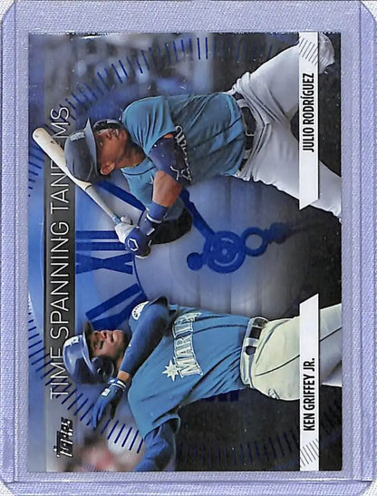 Baseball trading card featuring Ken Griffey Jr. and Julio Rodriguez in blue uniforms