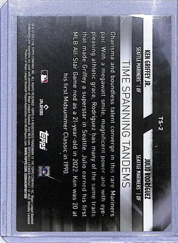 Trading card showcasing Ken Griffey Jr. and Julio Rodriguez game statistics in Topps Update