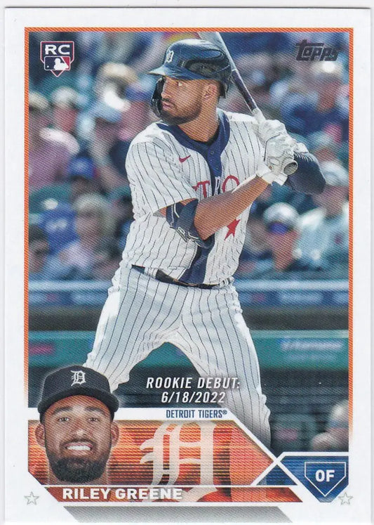 Baseball card of US298 Riley Greene RC Detroit Tigers in pinstriped uniform at bat