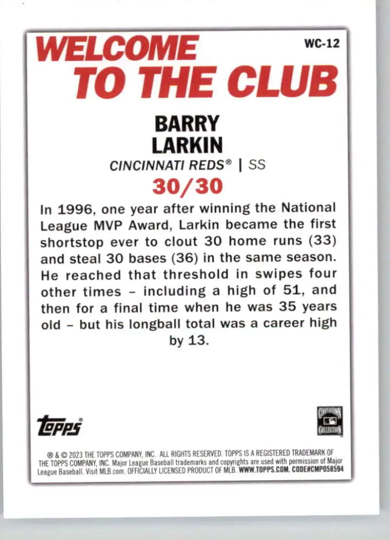 Barry Larkin baseball card celebrating his 30/30 Club achievement with Cincinnati Reds