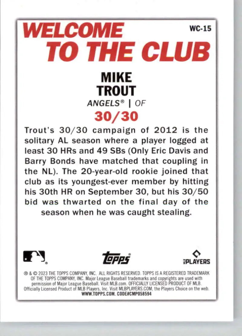 Welcome to the Club Baseball Card featuring Mike Trout of the Los Angeles Angels