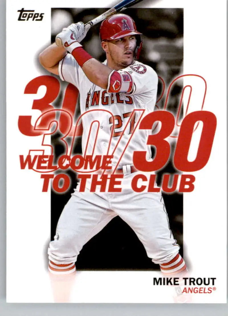 Mike Trout Los Angeles Angels baseball card with 30/30 text overlay in white uniform