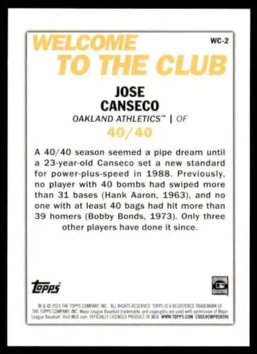 Jose Canseco baseball card from 2023 Topps Welcome to the Club with original gloss