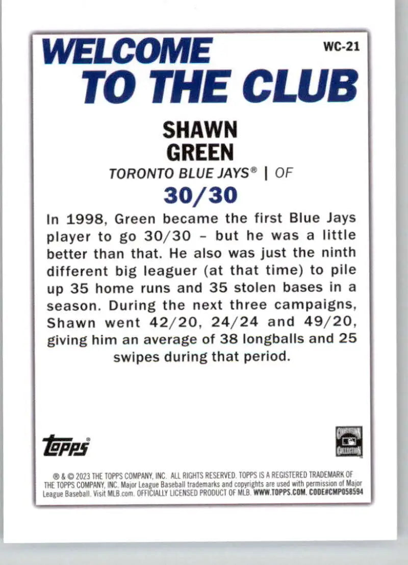 Baseball card of Shawn Green’s 30/30 achievement with Toronto Blue Jays statistics