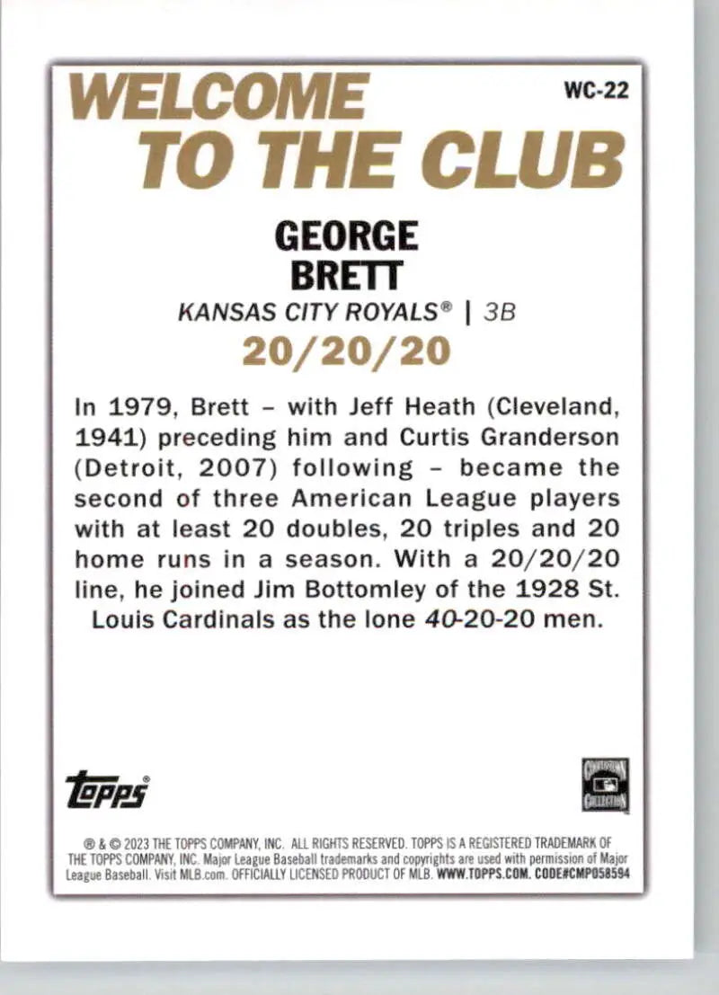 George Brett 2023 Topps Welcome to the Club baseball card for Kansas City Royals achievement