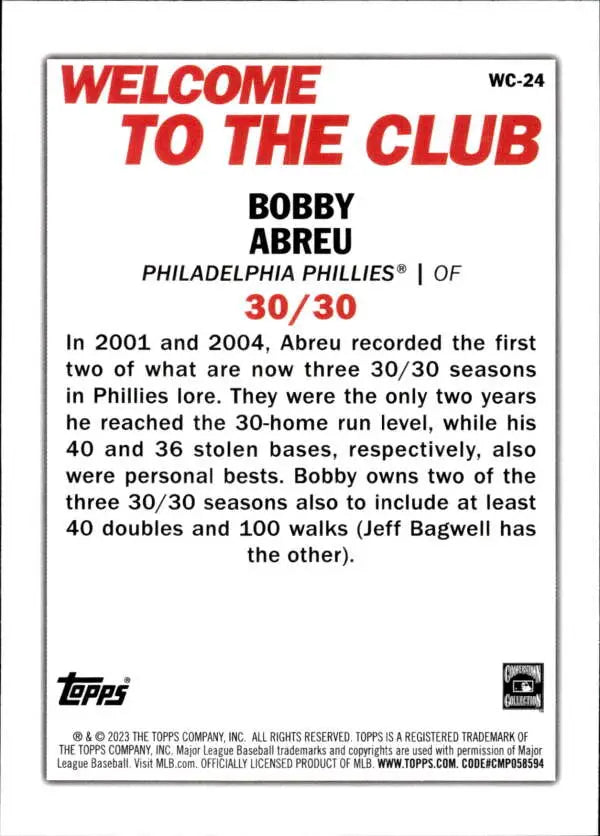 Bobby Abreu Philadelphia Phillies Welcome to the Club 30/30 Baseball Card 2023 Topps