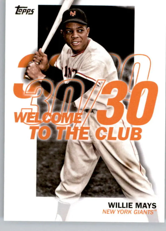 Willie Mays batting on a 2023 Topps New York Giants baseball card from the 30/30 Club series