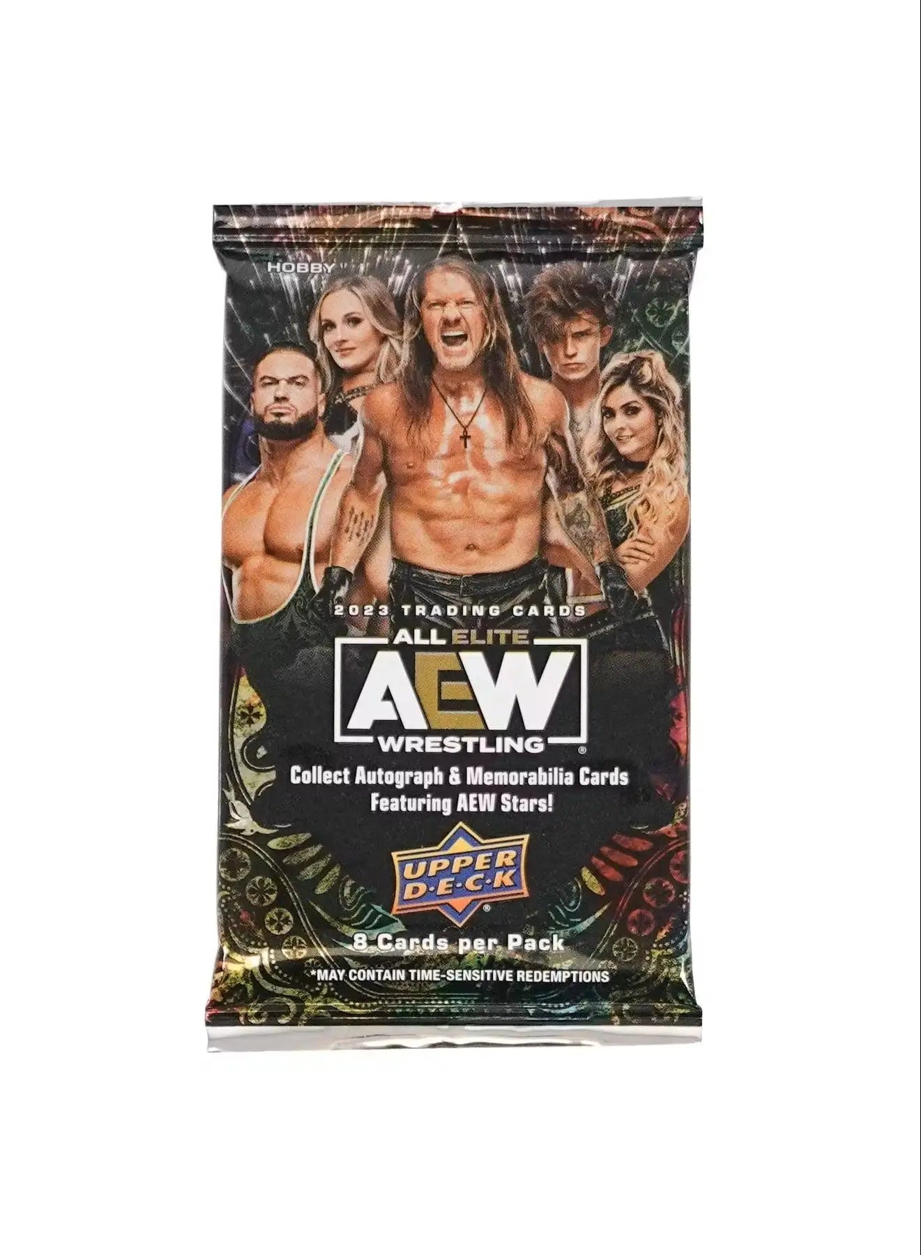 Trading card pack featuring AEW branding and base set wrestlers on the front