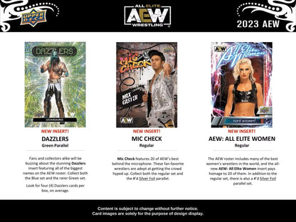 Three AEW trading cards featuring base set wrestlers from 2023 Upper Deck Hobby Box