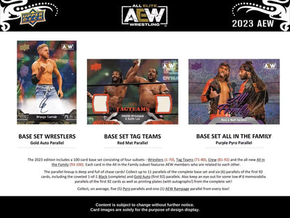 Promotional advertisement for AEW wrestling trading cards with base set and tag teams