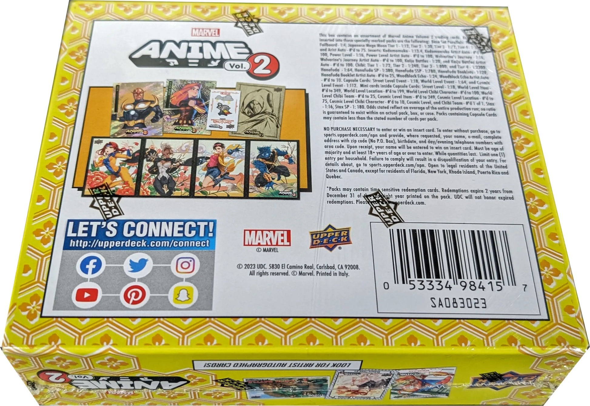 Box of Upper Deck Marvel Anime 2 trading cards with product details and social media icons