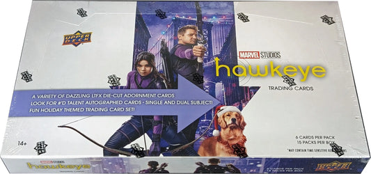 Upper Deck 2023 Hawkeye Hobby Box with trading cards featuring characters and a dog