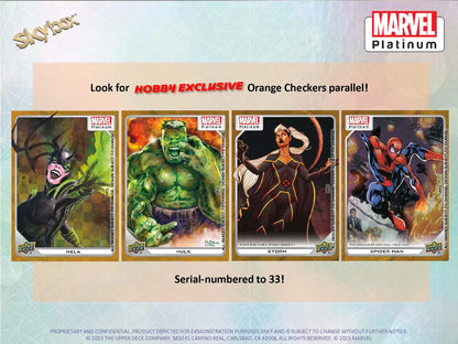 Collection of Marvel superhero trading cards in Upper Deck Marvel Platinum Hobby Box