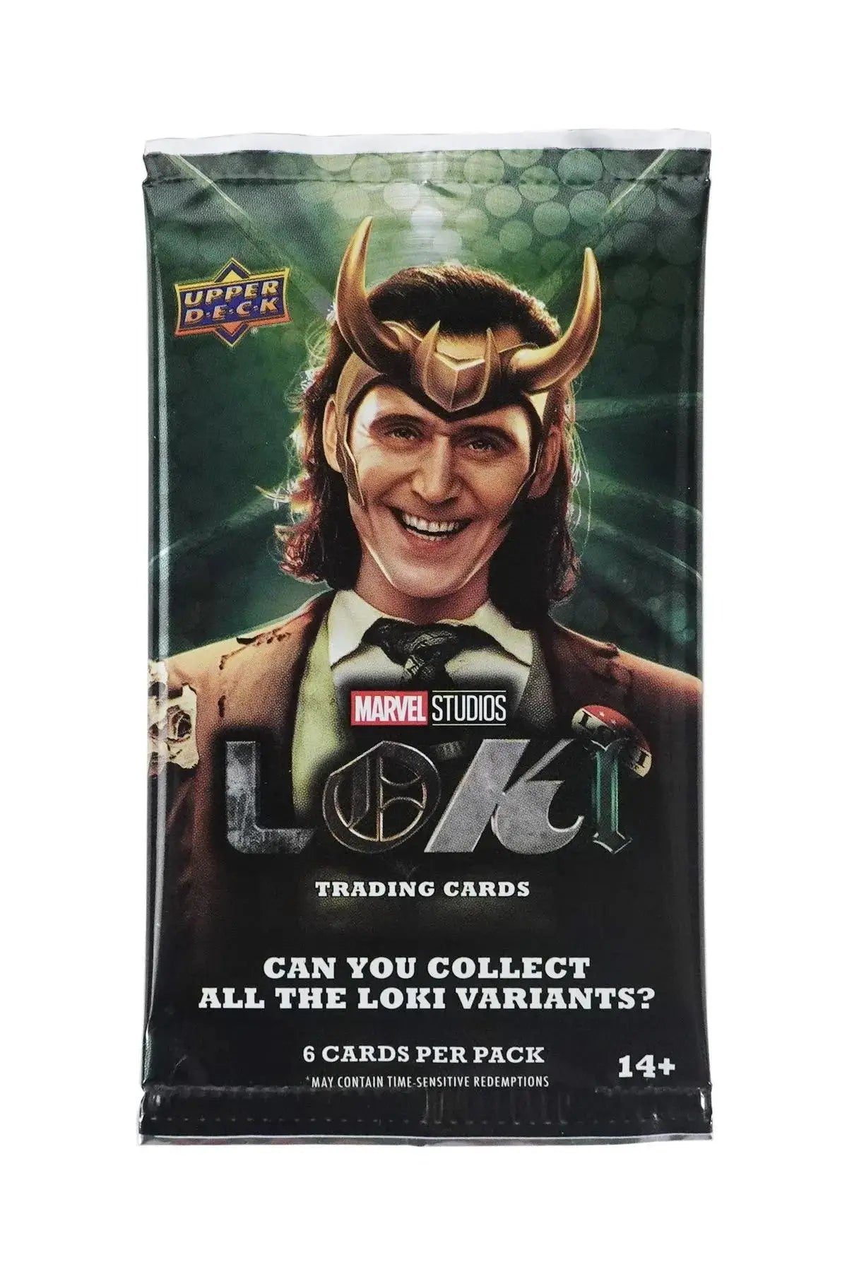 Marvel Studios Loki trading card pack with green background and horned crown character