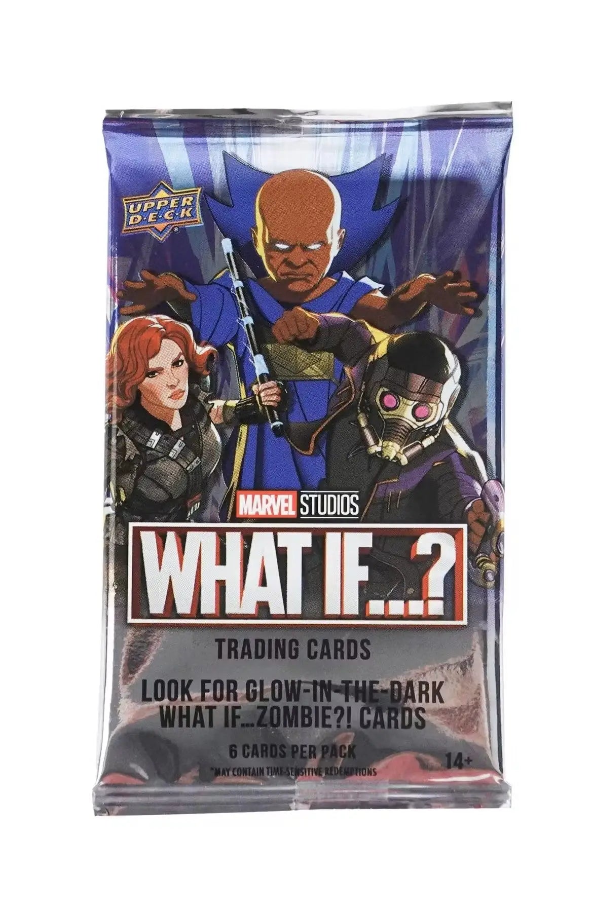 Marvel Studios What If...? trading card pack featuring animated heroes from Upper Deck