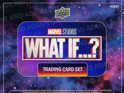 Marvel Studios What If card set logo on a purple display for Upper Deck Hobby Box