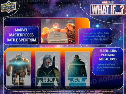 Trading card display layout of Upper Deck Marvel What If...? characters and series info