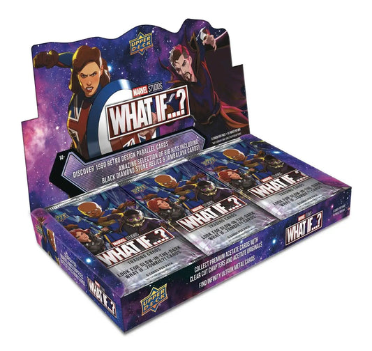 Display box for Upper Deck Marvel Studios What If trading cards with animated superheroes