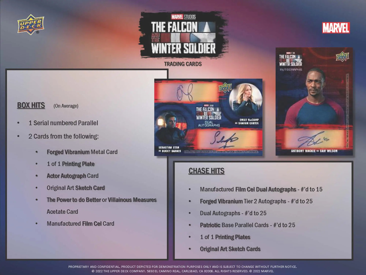 Product information sheet for Upper Deck Marvel The Falcon and the Winter Soldier trading cards