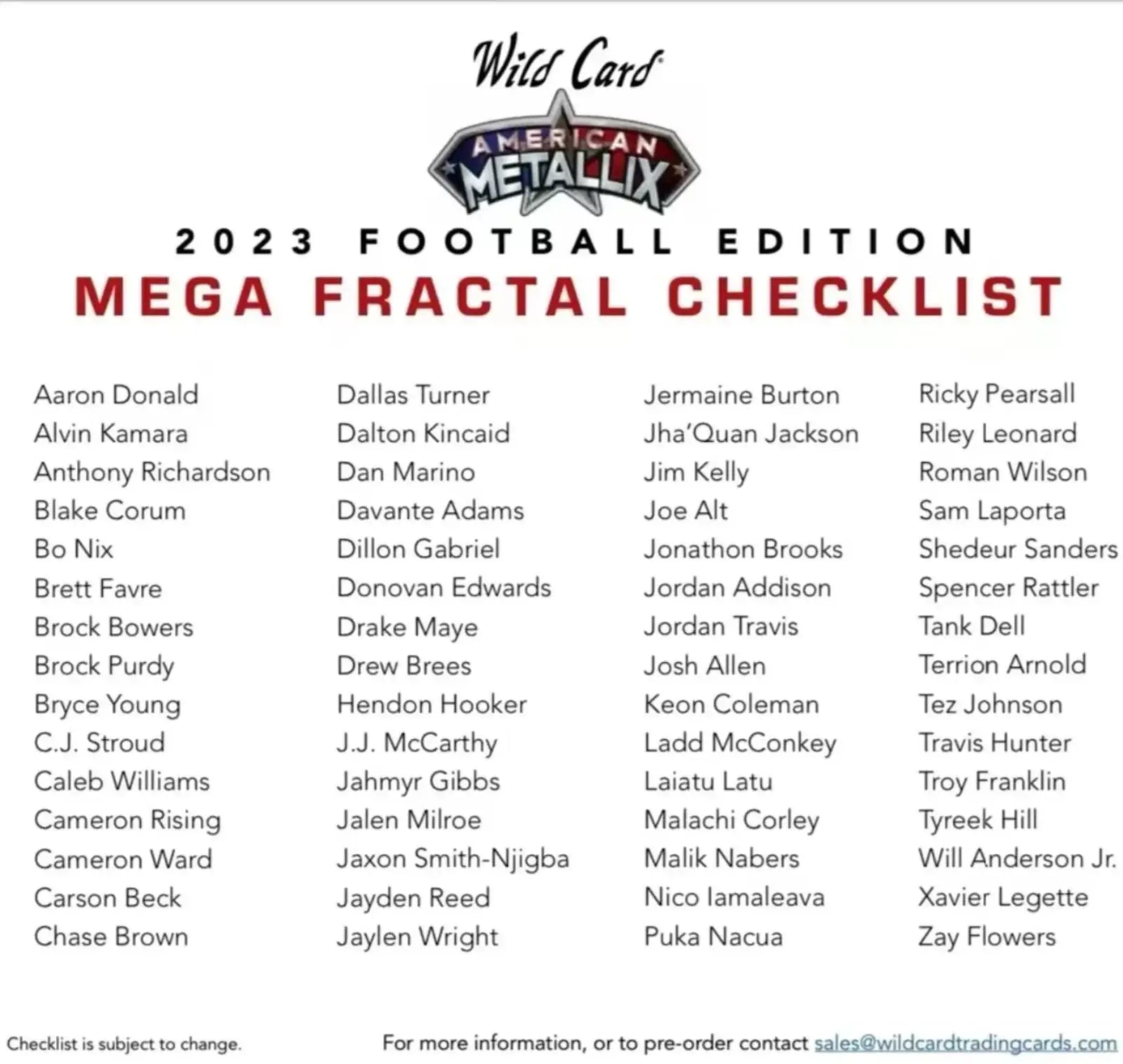 Checklist of football player names from the 2023 Wild Card Metallix trading cards