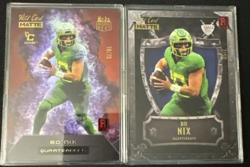 Two Wild Card Bo Nix football cards from the Oregon Ducks / Broncos Nix Lot 7/50 & 18/75