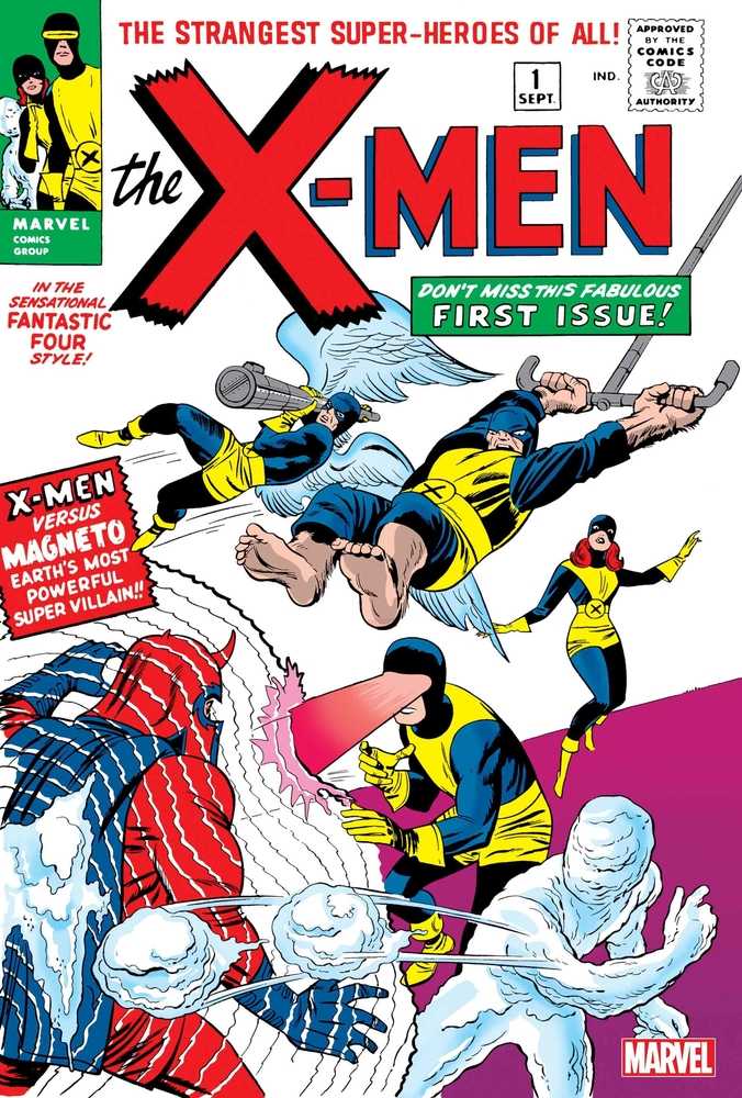 Classic comic cover of X-Men #1 showcasing superheroes in action, ideal for trading cards collectors