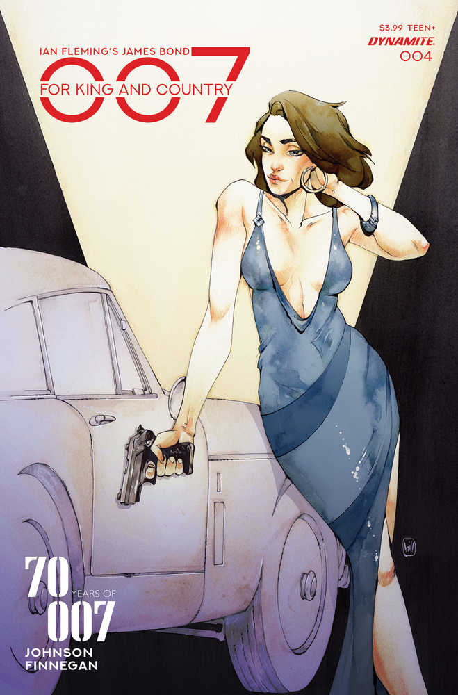 Comic book cover of 007 For King Country #4 showcasing a woman with a gun and classic car