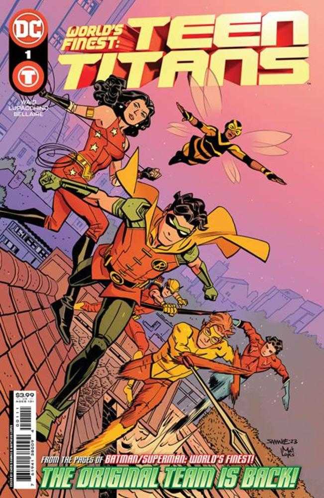 Teen Titans comic book cover with young superheroes leaping across rooftops