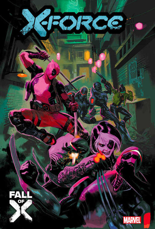 Comic book cover art for Marvel’s X-Force 44 featuring neon action figures and urban scene