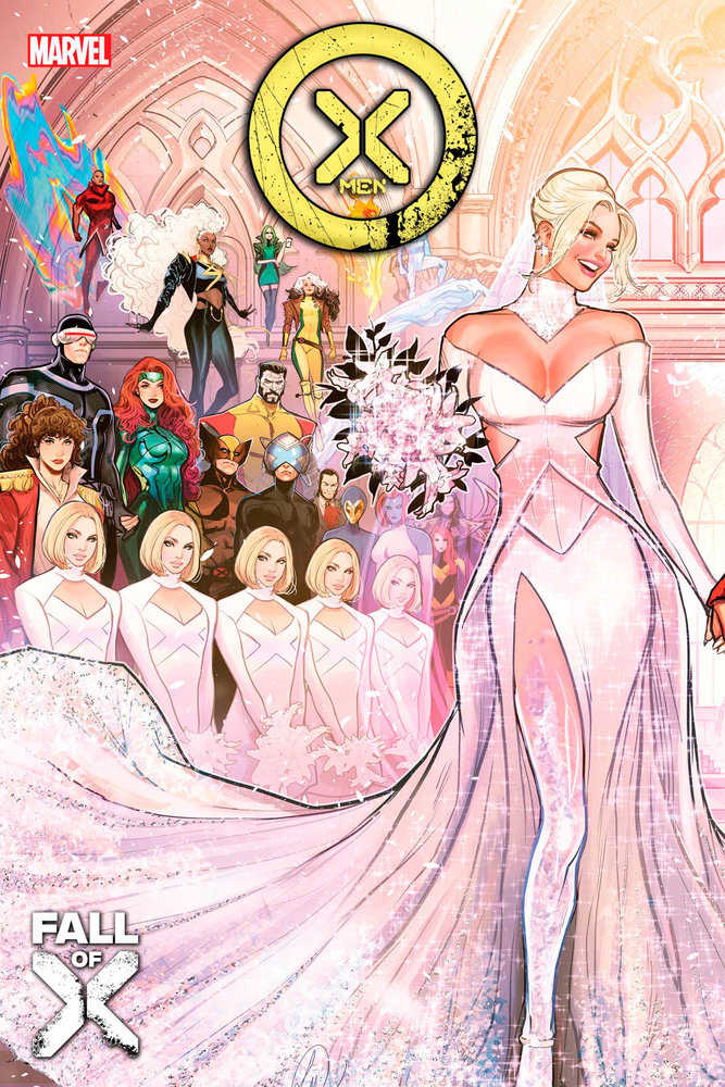 Comic book cover of X-Men in wedding attire, perfect for trading cards collectors