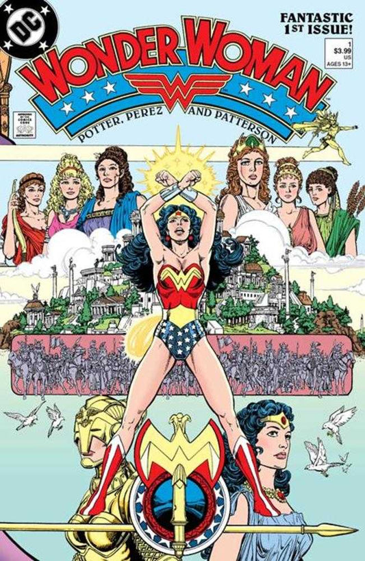 Wonder Woman in classic costume by George Perez on comic book cover for 2023 edition