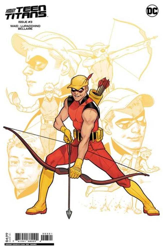 Comic book cover of Worlds Finest Teen Titans #3 showing archer hero in red-and-yellow costume