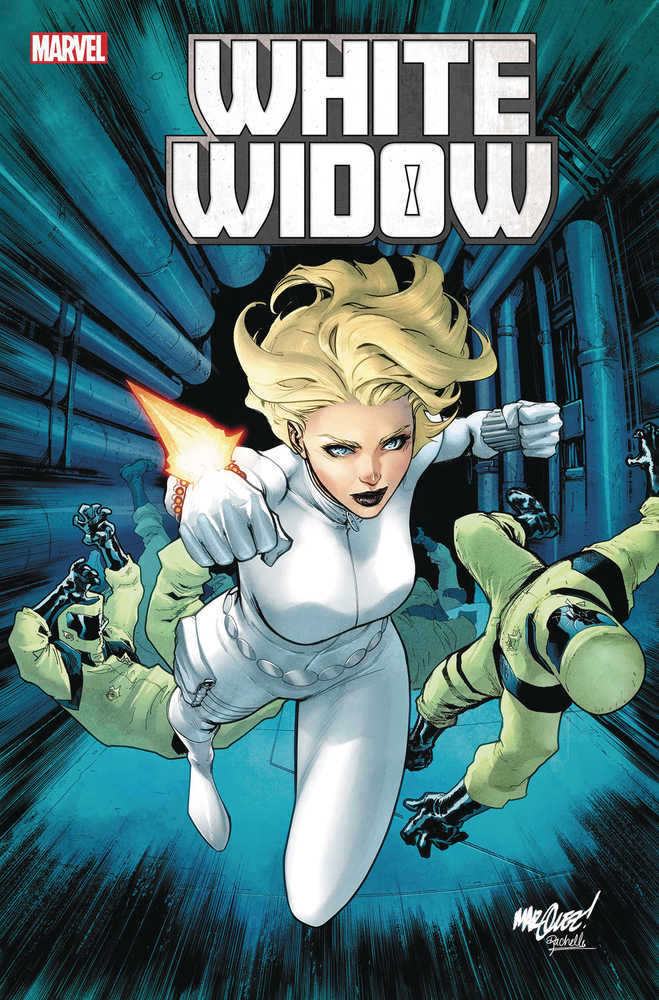 Comic book cover of White Widow #1 featuring a character in a white suit with guns