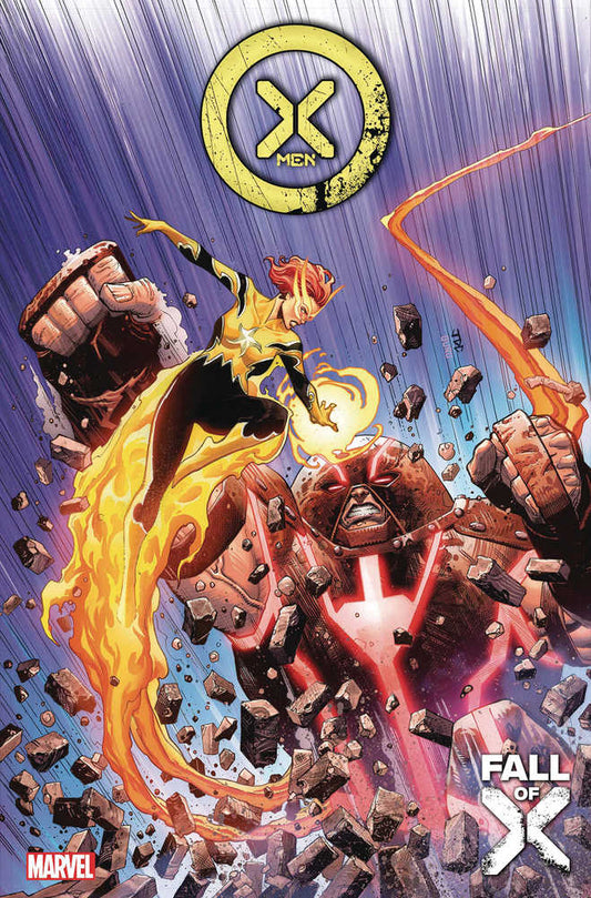 Comic book cover of X-Men #28 with characters in explosive battle and fiery effects