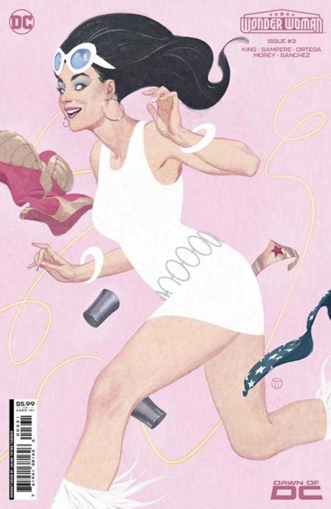 Comic book cover of Wonder Woman #3 with playful figure amidst floating objects