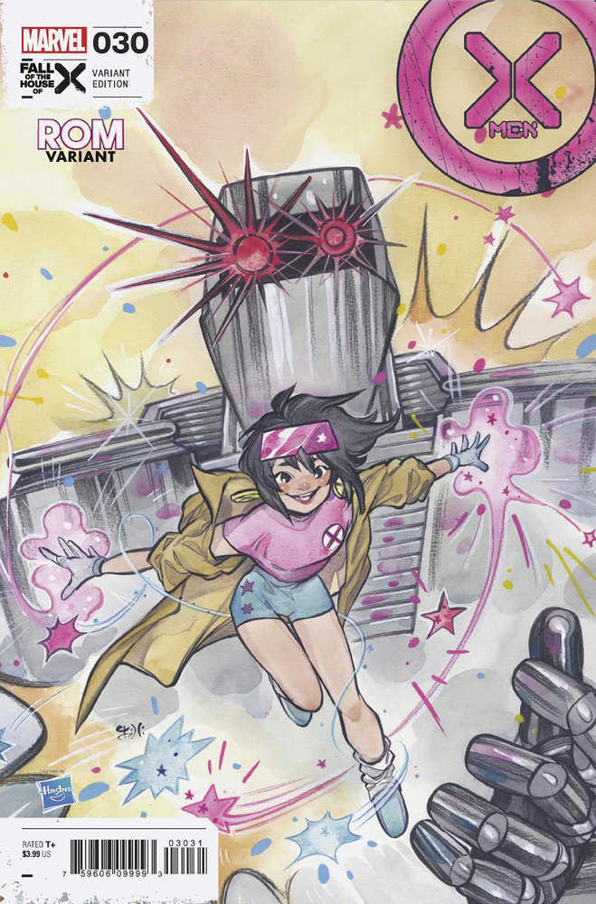 X-Men 30 Peach Momoko Rom Variant cover art with character fleeing a robot, ideal for trading cards