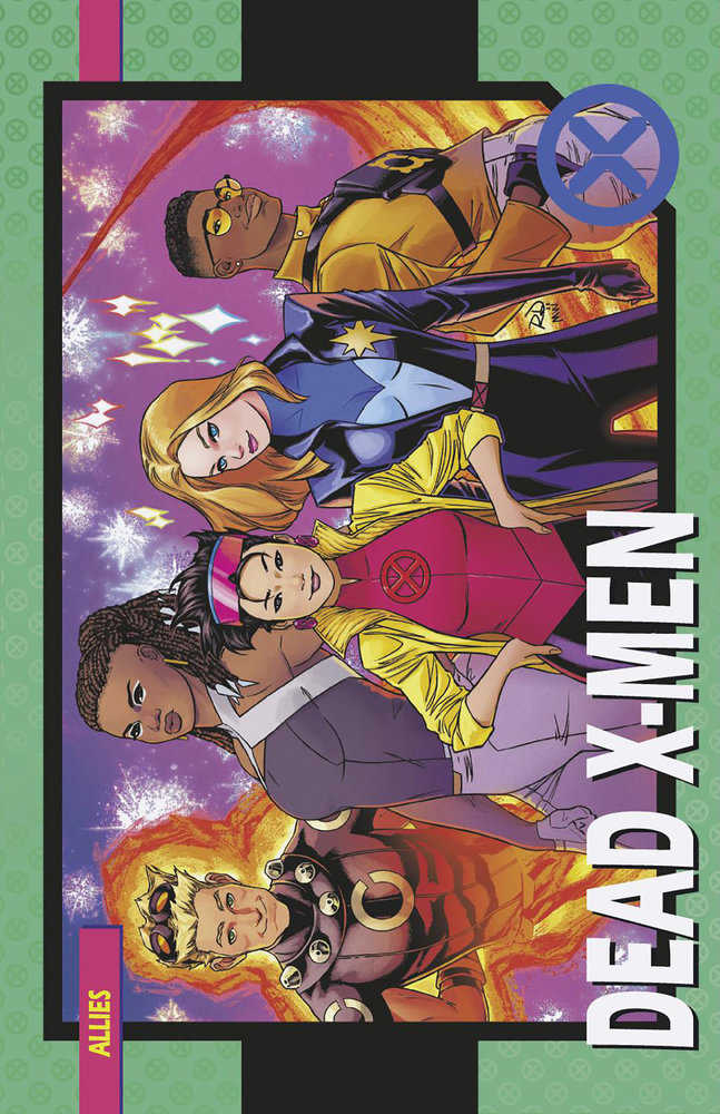 Comic book cover of young superheroes on X-Men 30 trading card variant with purple backdrop