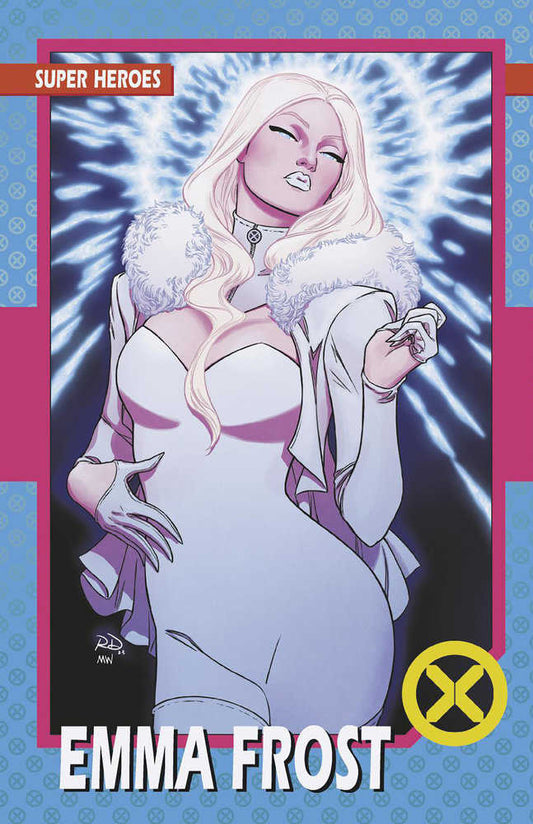 X-Men trading card featuring Emma Frost in white outfit with fur trim by Russell Dauterman