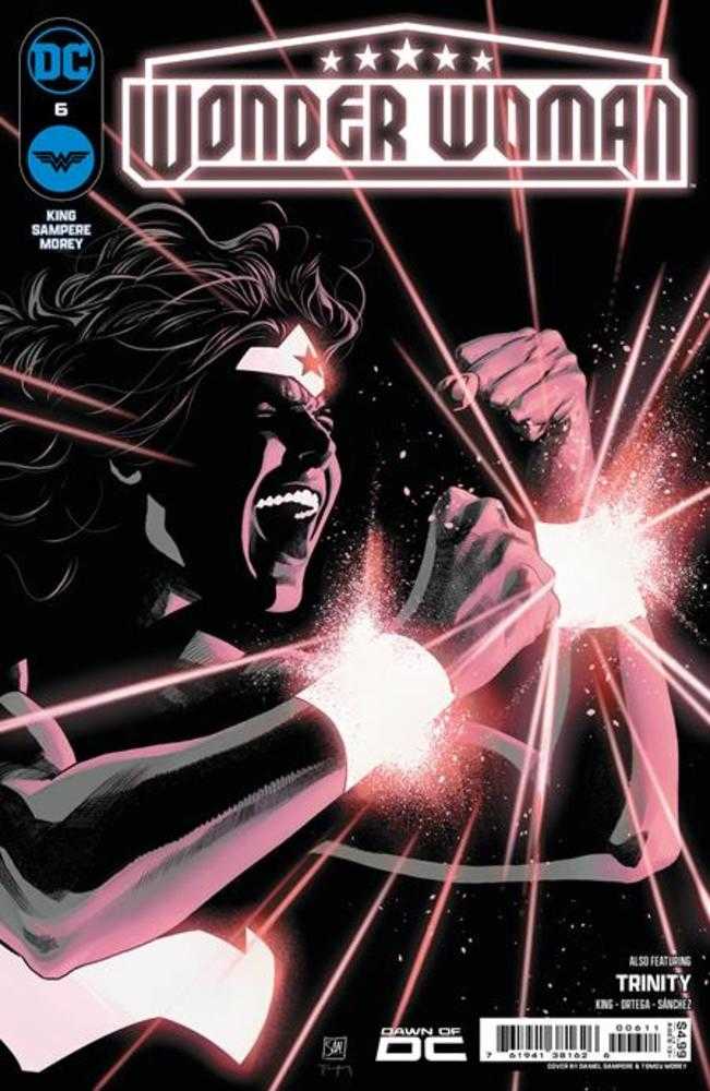 Wonder Woman #6 Cover A by Daniel Sampere with vibrant pink light bursts and silhouette