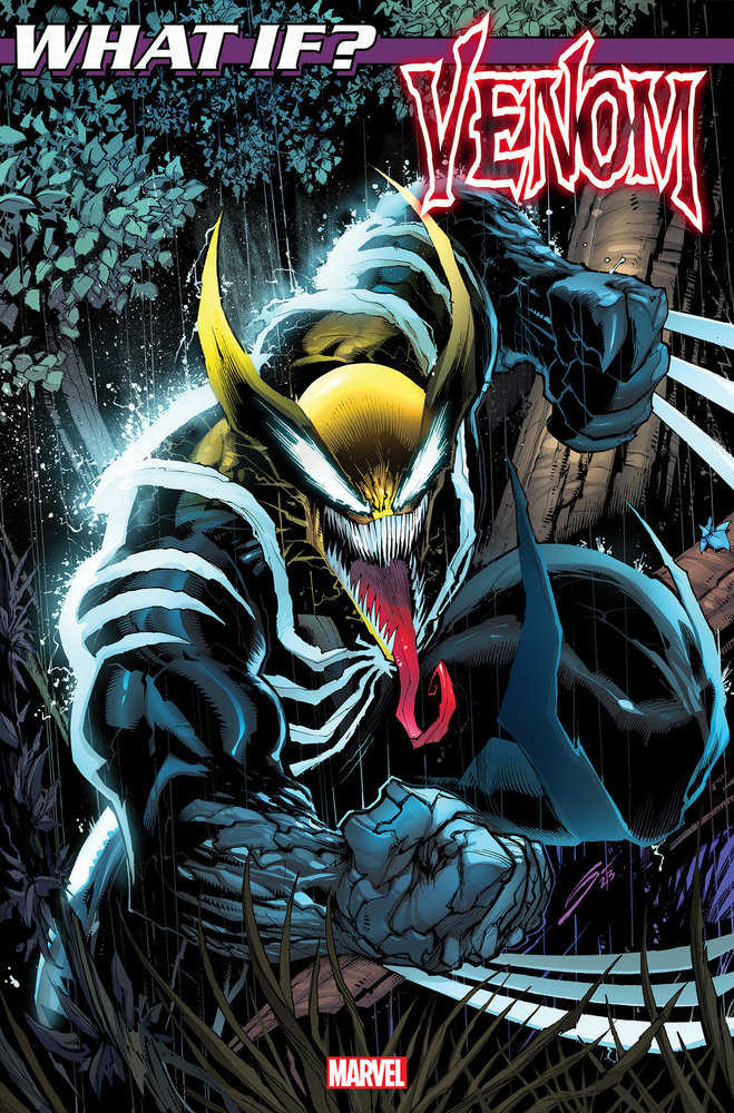 Menacing Venom symbiote with sharp teeth and yellow eyes on What If...? Venom #2 trading card