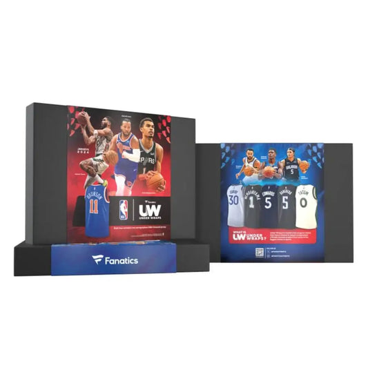 NBA-themed merchandise holder with Fanatics branding for basketball autographed mystery jersey