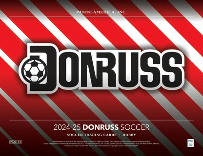 Black Donruss Soccer logo on red and white stripes for 2024-25 Panini box with rated rookies