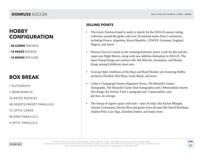 Product information card for 2024-25 Panini Donruss Soccer Hobby Box with rated rookies details